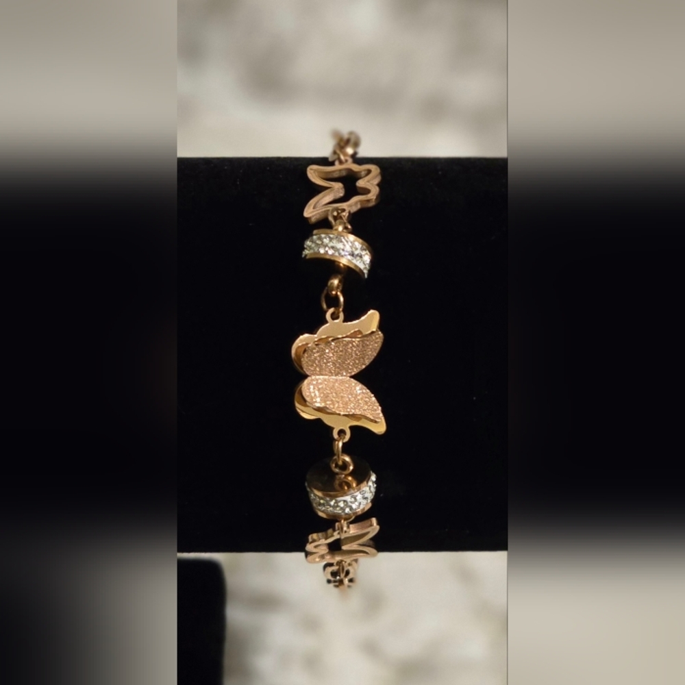 Stainless Steel Rose Gold Overlay Bracelet with Butterfly Design 6.5"-8.5" NWT